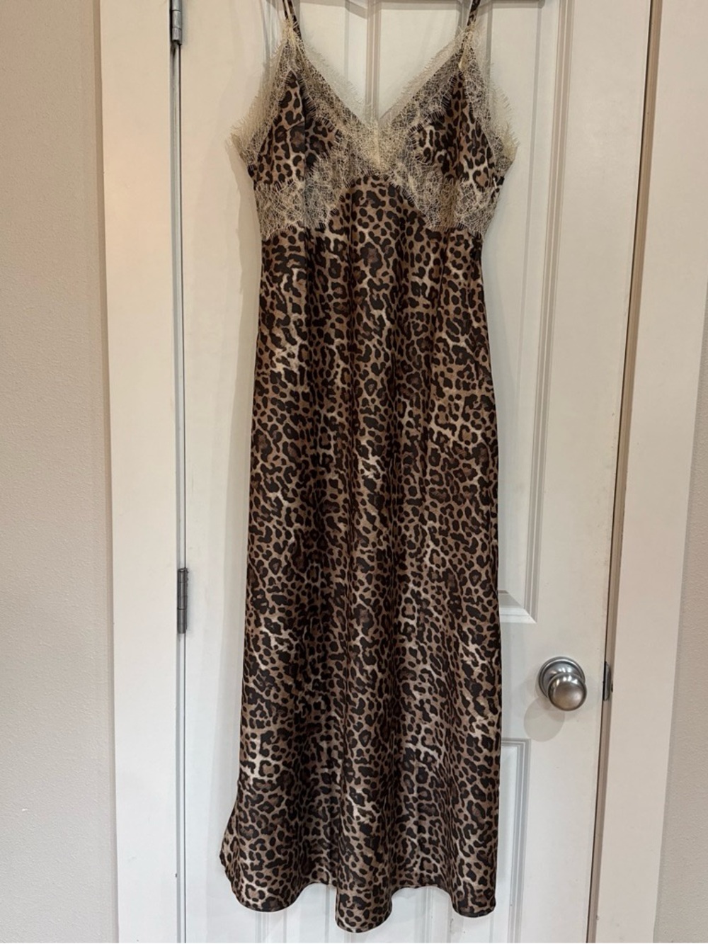 Leopard-Print Maxi Slip Dress with Lace Trim - Brown